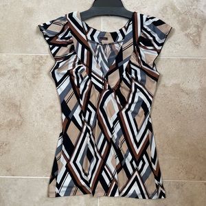CDR blouse v neck women medium poly spandex stretch brown Black white Geometric